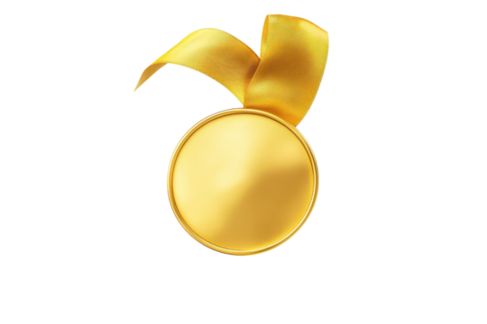 Golden oval medal with ribbon isolated on transparent background. Gold medal with ribbon isolated on white background.