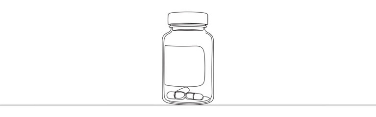 Continuous one line drawing of a pill bottle with pills inside. Concept of medicine, pharmacy and healthcare