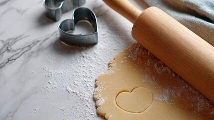 Heart-shaped cookie cutter pressed into rolled dough with wooden rolling pin and flour on marble surface in baking preparation