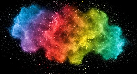 Naklejka premium A vibrant explosion of rainbowcolored powder against a stark black background, creating a dynamic and energetic visual effect