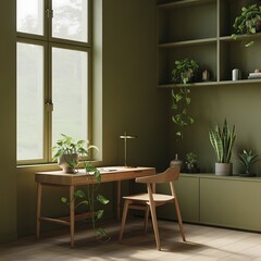 Serene Green Home Office with Natural Light and Plants
