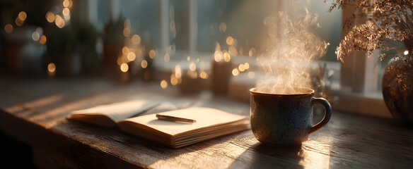 Cozy morning coffee scene with notebook and pen in soft sunlight for creative inspiration,National Letter Writing Day