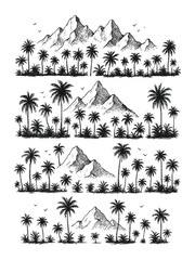 hand-drawn vector of tropical palm trees and mountains, ideal for fabric prints, wallpapers, or travel-themed designs.