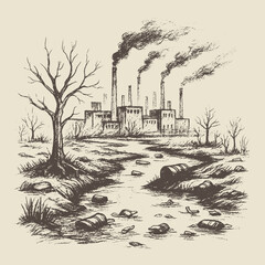 Detailed hand-drawn vector illustration of a polluted industrial landscape with smoke and dead trees, perfect for environmental posters or editorial designs.