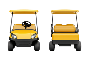 Two yellow golf carts front and rear views isolated on transparent background. Golf cart front and back view isolated on white background.