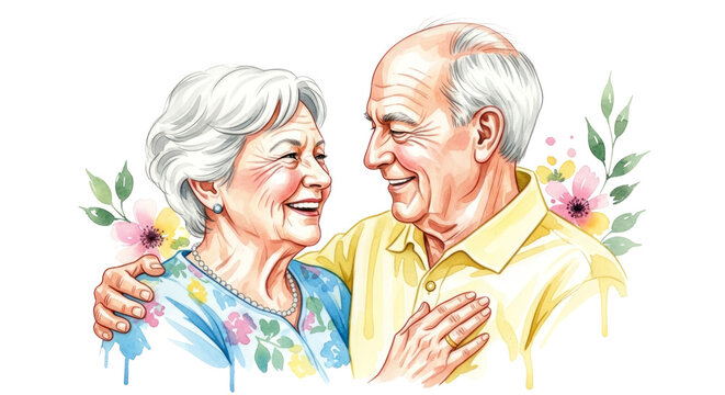 Elderly couple smiling with flowers watercolor illustration isolated on a transparent background