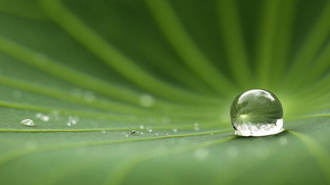moisture. A single water droplet rolling across a large green lotus leaf. gardening catalogs, home-decor guides, designed for home decor and floral branding, enhances decor appeal.