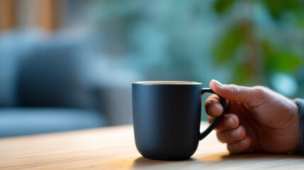 Close-up of a hand holding a black coffee mug on a wooden table with a blurred cozy indoor background