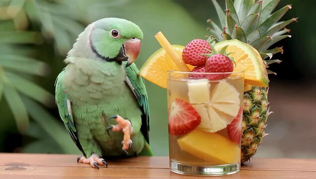 Green parrot beside tropical fruit glass with pineapple strawberry orange slices outdoors