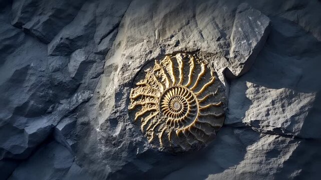 Fossil in rock. A closeup view of a fossilized ammonite on a rock surface. The fossil is circular in shape, with intricate patterns and a golden hue.