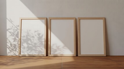 Three Blank Wooden Frames with Natural Light and Shadows