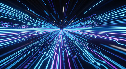 Dynamic digital network vortex with glowing neon circuits, representing fast data flow and futuristic technology.