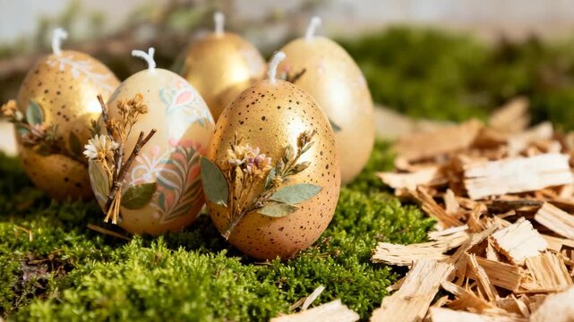 Decorative golden Easter eggs on moss and wood shavings background  