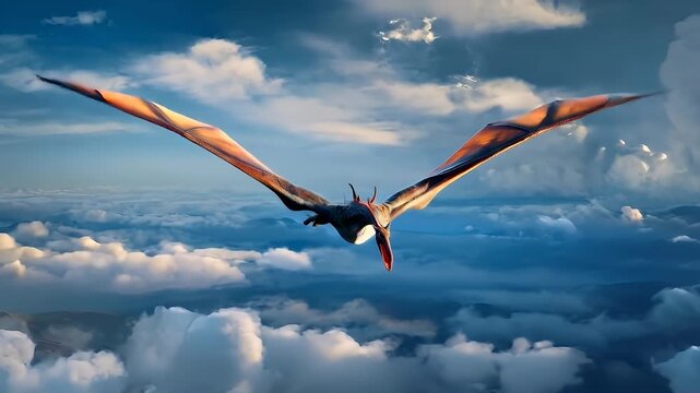A vivid, highresolution digital artwork of a pterodactyl in flight against a backdrop of a dramatic sky with clouds and a volcanic eruption. The pterosaur is depicted with its wings spread wide.