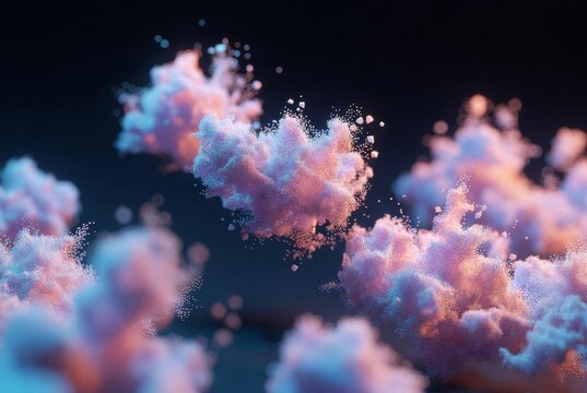 A photograph of ethereal geometric clouds in a pastel color palette, floating in a dark void with dreamy lighting.