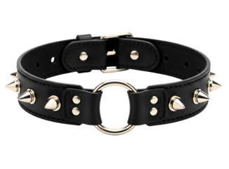 Black leather spiked collar with metal ring isolated on transparent background