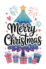 merry christmas tree with gift and letter text design 