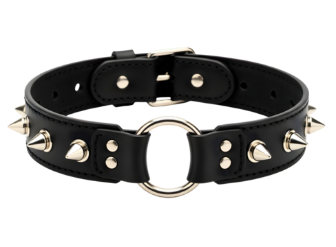 Black leather spiked collar with metal ring isolated on transparent background