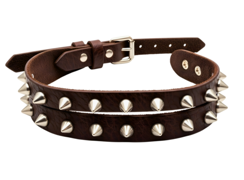 Dark brown leather studded bracelet isolated on transparent background
