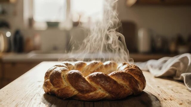 Golden brown braided bread steaming on a rustic wooden table in a sunlit kitchen with soft focus background