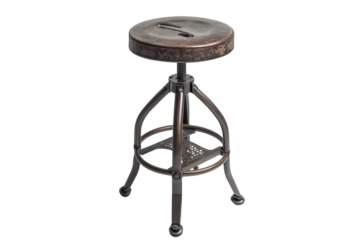 Vintage adjustable height bar stool with metal base isolated on transparent background. Industrial Style metal bar stool with footrest isolated on white background.