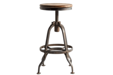 Vintage adjustable height bar stool with metal base isolated on transparent background. Industrial Style metal bar stool with footrest isolated on white background.