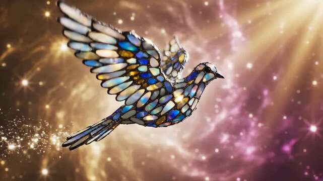 Abstract illustration of a bird in flight against a celestial background with glowing particles