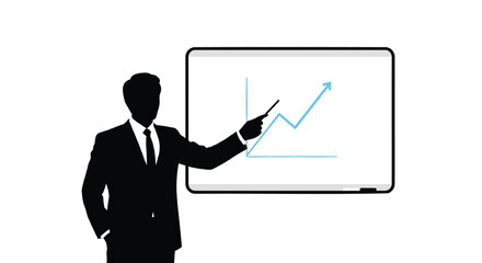 Silhouette of a businessman in a suit pointing at an upward trending graph on a whiteboard during a presentation