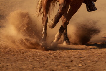 Action shot of a horse's hooves kicking up dust while running