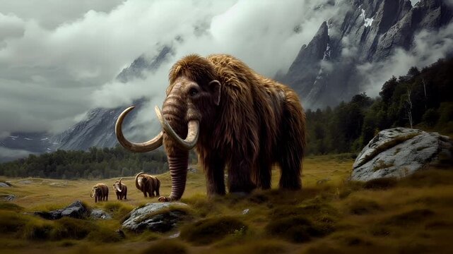 A vivid portrayal of a mammoth in a natural setting with mountains in the background. The mammoth is depicted with a thick, brown fur coat and large, curved tusks.