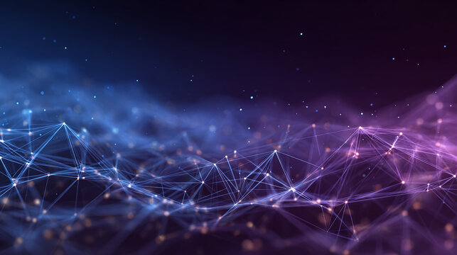 Digital network with connected dots and lines representing data flow and connectivity. It shows a concept of advanced technology.