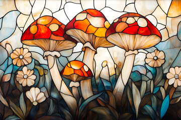 Colorful stained glass art of vibrant amanita mushrooms and daisies in nature scene