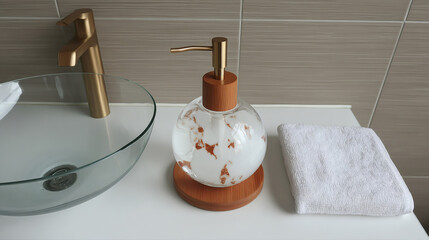  Soap dispenser with copper accents on elegant wooden stand, contemporary bathroom interior. Glass container for hand wash or shampoo, rose gold patterns, minimalist Scandinavian-inspired style