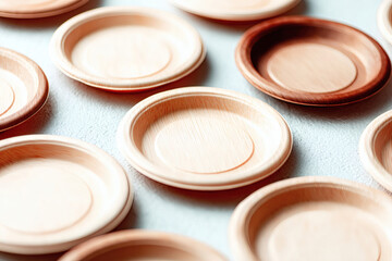  Overhead view of bamboo biodegradable plates stacked on natural background. Sustainable picnic and eco-friendly dining concept with space for text overlay. Clean composition, warm natural tone