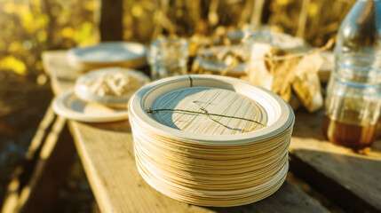  Stack of compostable plates on picnic table in natural outdoor setting. Eco-friendly dining concept with warm natural lighting, minimal background, and space for copy. Perfect for sustainability