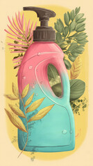 Hand-drawn illustration of organic laundry detergent bottle surrounded by plants and leaves. Pastel color palette (pink, blue, green, yellow), empty label for text or logo, highly detailed