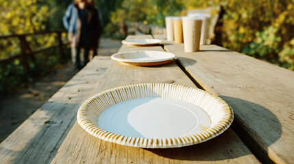  Paper plates arranged on wooden picnic table outdoors. Sustainable dining and lifestyle photography with clean composition and space for text placement