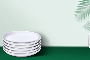  Flat vector illustration of eco plates stack with minimal clean design. Sustainable concept art with space for text and modern color scheme