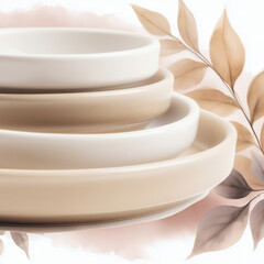  Close-up of stacked beige ceramic bowls with watercolor leaves. High-resolution professional photo emphasizing craftsmanship and minimalist design