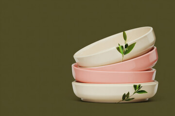 Ceramic beige plates stacked on watercolor leaf background. High-resolution studio photography with soft lighting and text space, elegant and clean aesthetic