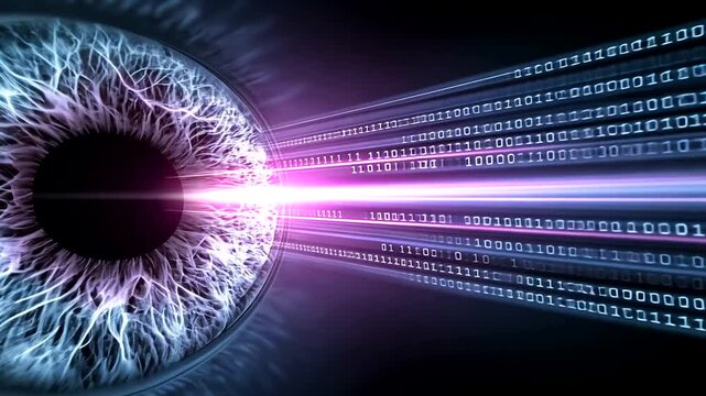 Close-up of a human eye with vibrant iris, emanating binary data into dark space