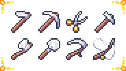 A set of pixel art icons of handicraft and fishing tools. 16 x 16 pixels.