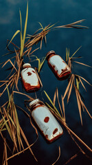 Photorealistic close-up of garbage trapped among wetland reeds. The natural environment contrasts with pollution, creating an atmospheric, emotional scene. Perfect for eco-themed photography, activism