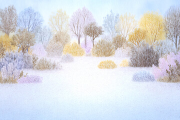  Hand-drawn overhead illustration of a serene winter landscape in pale blues, purples, yellows, and grays. Evoking fairy-tale tranquility and magic, this artwork is ideal as a digital background