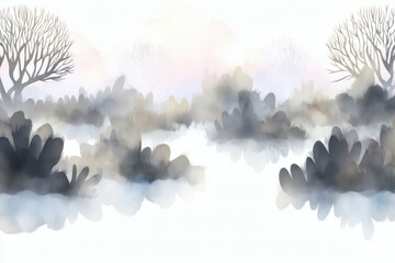 Watercolor and ink illustration of a foggy swamp in neutral tones. Minimal and atmospheric, with wide white space for text. Perfect for clip art, backgrounds, or poetic environmental themes in design
