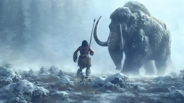A vivid portrayal of a prehistoric landscape, dominated by a large mammoth in the foreground. The mammoth is depicted with its thick, snowcovered fur, and its large.
