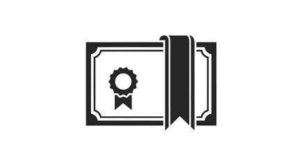 Black and white icon of a certificate with a ribbon and a rosette award symbol representing achievement and recognition