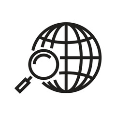 A black and white graphic of a globe with intersecting lines and a magnifying glass overlaid