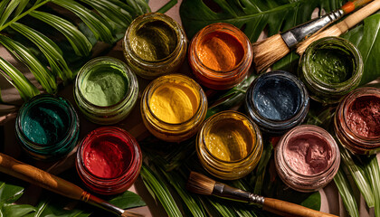 Overhead photo with paint pots brushes and tropical leaves. Colorful art paint set in jars. Wall decor elements design. Summer artistic background with paint bottles and brush set. Tropical vibe