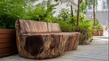 Rustic log bench creating seating in urban park